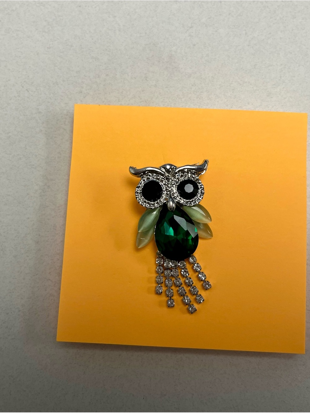 Silver Owl Brooch with Emerald Green Crystal and Rhinestone Tassels